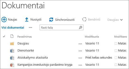 Dokumentų bibliotekos „SharePoint Server 2016“ ekrano kopija