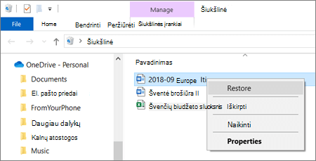 Right-click menu to recover a deleted file from Recycle Bin