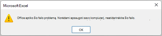 Dialogo langas, kuriame sakoma, kad "Excel" aptiko šio failo problemą ir jo atidaryti negalima.