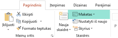 Programos "PowerPoint" skirtuko Pagrindinis mygtukas Maketas turi visus galimus skaidrių maketus.