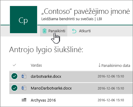 "SharePoint Online" 2-o lygio perdirbimas su paryškintu naikinimo mygtuku