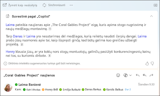 El. pašto gijos suvestinė su „Copilot“ sukurtomis citatomis