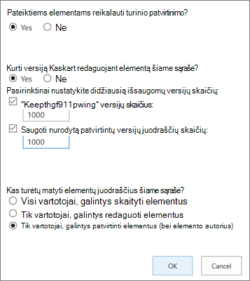 List Settings options in SharePoint Online, showing versioning enabled
