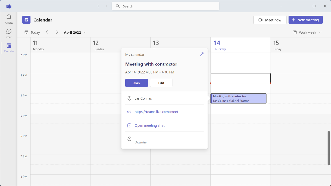 "Outlook" kalendorius, kuriame rodomas kalendoriaus susitikimo langas.
