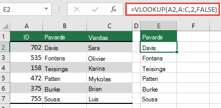 Naudokite tradicinę VLOOKUP su viena lookup_value nuoroda: =VLOOKUP(A2,A:C,32,FALSE). Ši formulė negrąžins dinaminio masyvo, bet gali būti naudojama su "Excel" lentelėmis.