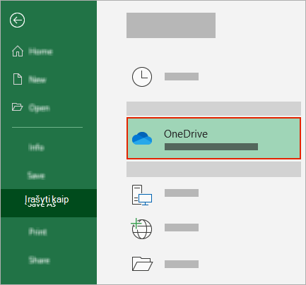 "Office" dialogo langas Įrašyti kaip, kuriame matomas "OneDrive" aplankas