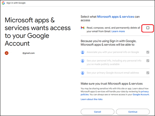 MS apps & services wants access check box