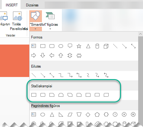 The Shapes menu includes a group of rectangles to choose from