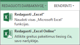 Redagavimas naudojant „Excel Online“ meniu Redaguoti darbaknygę
