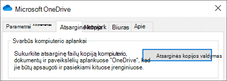 ""OneDrive"" darbalaukio parametrų skirtukas Atsarginė "OneDrive"