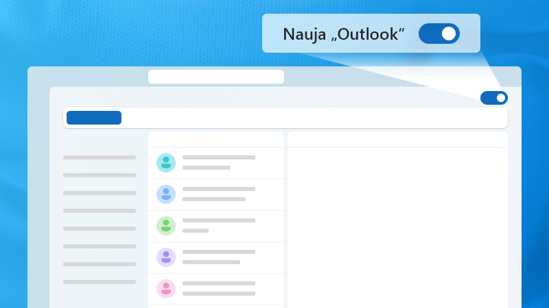 „Outlook“ langų, su paryškinta nauju „Outlook“ perjungikliu, iliustracija