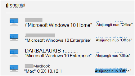Rodomi „Windows“ ir „Mac“ įrenginiai ir account.Microsoft.com atsijungimo nuo „Office“ saitas