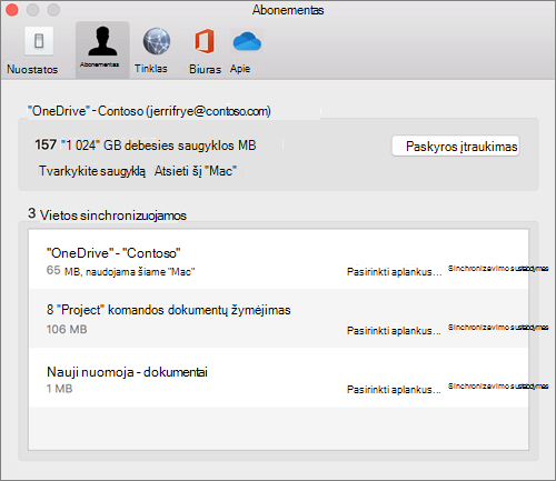 "Mac" "OneDrive" sinchronizavimo programa kliento skirtuko Paskyra ekrano nuotrauka