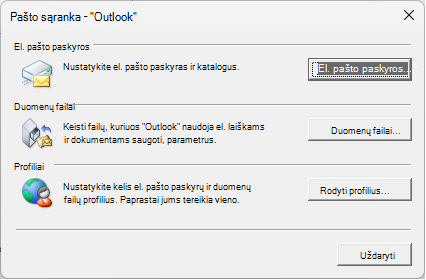 Pašto sąranka – "Outlook" dialogo langas, pasiekiamas naudojant pašto parametrus programoje "valdymo skydas".