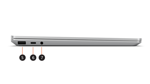 "Surface Laptop Go" kairėje pusėje esantys paaiškinimai