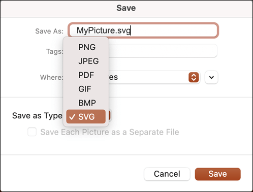 Dialogo langas Įrašyti kaip "PowerPoint 2021 for Mac" su pasirinkta SVG parinktimi