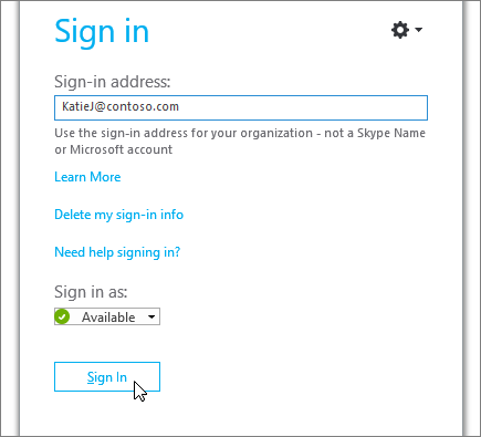 Ekrano nuotrauka, kurioje rodomas prisijungimo mygtukas "Skype" verslui prisijungimo ekrane.