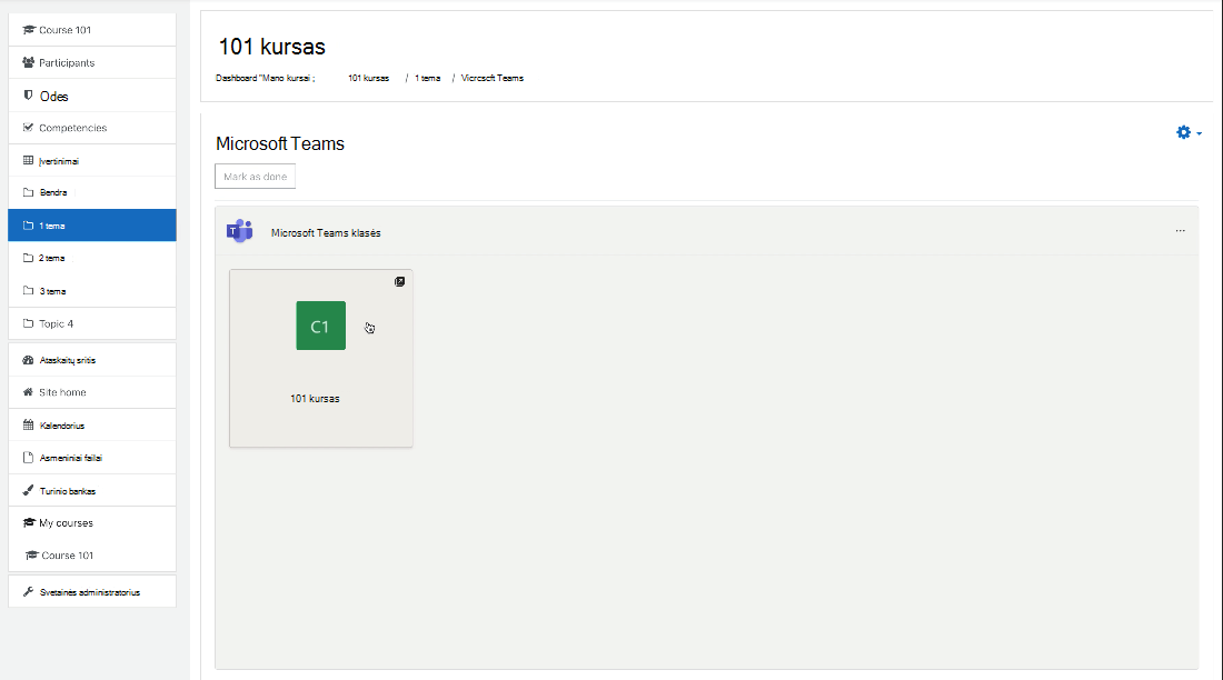 Screenshot of Moodle, selecting the Class Team