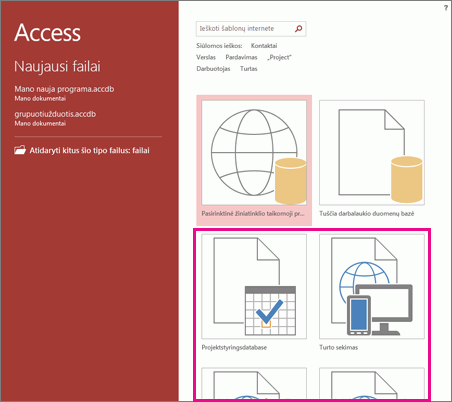 Taikomųjų programų šablonai „Access 2013“ paleisties ekrane.