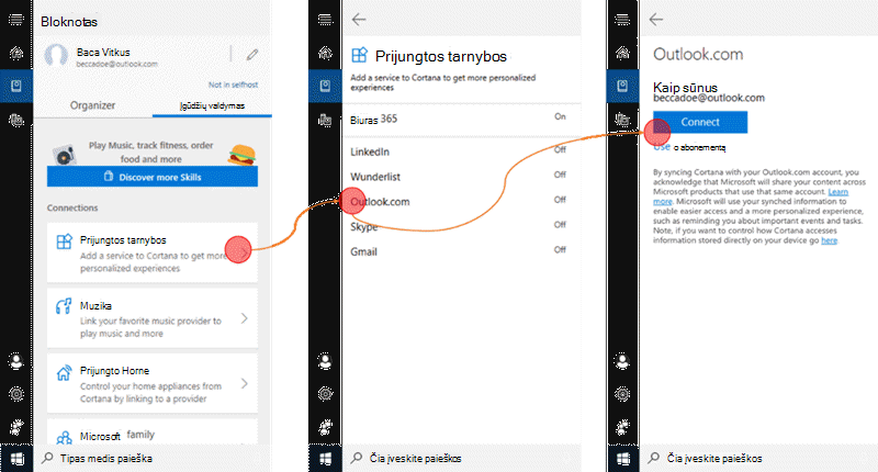Ekrano nuotrauka, kurioje veikia "Cortana", "Windows 10" ir prijungtų tarnybų meniu.