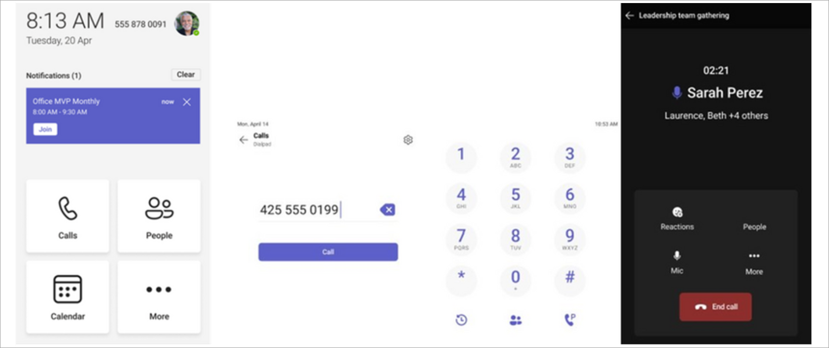 Ekrano kopija, kurioje rodomas naujas "Teams" telefono numerio rinkiklis, naršymas ir t. t.