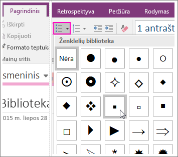 Ekrano kopija, kurioje rodoma, kaip į „OneNote 2016“ puslapį įtraukti ženklelius.