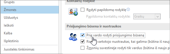 žmonės tab in the Options dialog with Display online status highlighted