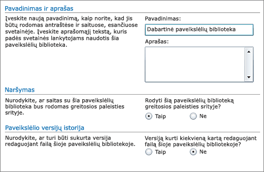 Dialogo langas, kuriame galite įtraukti vardą, diagramą, sparčiąją navigaciją ir versijų kūrimą.