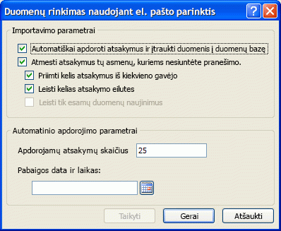 Dialogo langas Duomenų rinkimas naudojant el. pašto parinktis