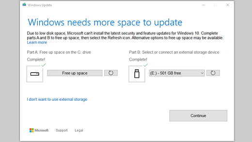 „Windows“ reikia daugiau vietos, kad galėtų atnaujinti pranešimą
