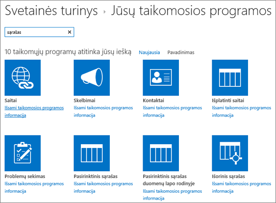 Taikomųjų programų sąrašas svetainės turinio puslapyje