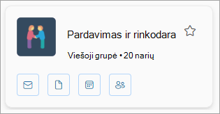 Grupės kortelėje rodomas grupės pavadinimas, narių skaičius ir piktogramos, skirtos el. paštui, failams, kalendoriui ir nariams.