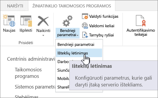 Pažymėta Centrinio administravimo dalis Išteklių lėtinimas.