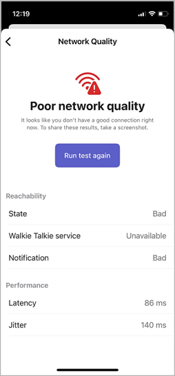 The Test Network Quality screen in Walkie Talkie