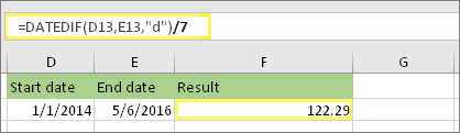 =(DATEDIF(D13,E13,"d")/7) ir rezultatas: 122.29