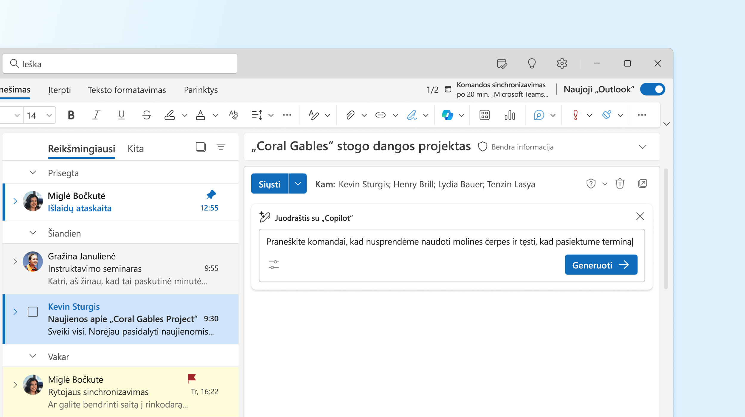 Ekrano kopijoje pavaizduotas „Copilot“ programoje „Outlook“ kuriantis el. laiško juodraštį.