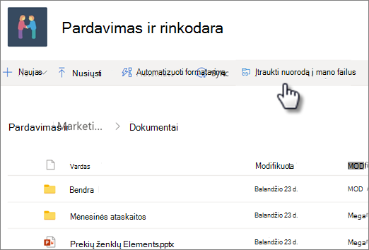 Nuorodos įtraukimo į "OneDrive" iš bendrinamos bibliotekos ekrano nuotrauka