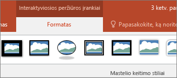 Programos "PowerPoint" juostelėje rodomas skirtukas Mastelio įrankių formatas.