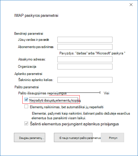 IMAP paskyros parametrai, Neįrašyti išsiųstų elementų kopijų
