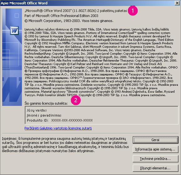 Langas Apie „Microsoft Office Word 2003“