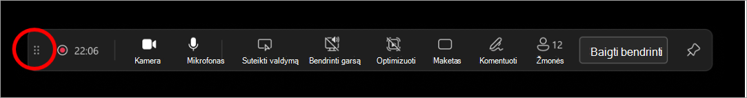 Pasirinkite ir vilkite vilkimo juostą, kad perkeltumėte pranešėjo įrankių juostą į bet kurią ekrano vietą.