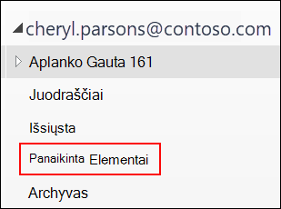 "Outlook" aplankų sąrašas, kuriame yra aplankas Panaikinti elementai.