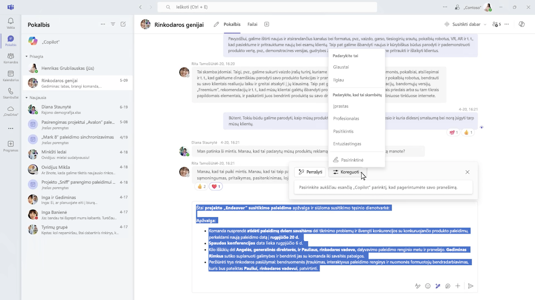 Compose „Copilot“ „Microsoft Teams“ pokalbyje.