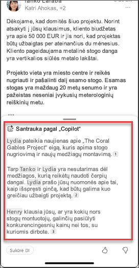 El. laiško santrauka iš „Copilot“, esanti „iOS“ ir „Android“