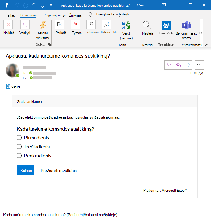 Apklausos Microsoft Forms "Outlook" el. laiške
