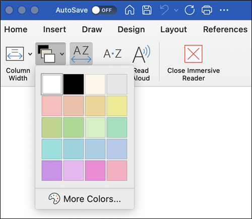 Puslapio spalvų parinktys, rodomos "Įtraukianti skaitytuvė" programoje "Word", skirtame "Mac"