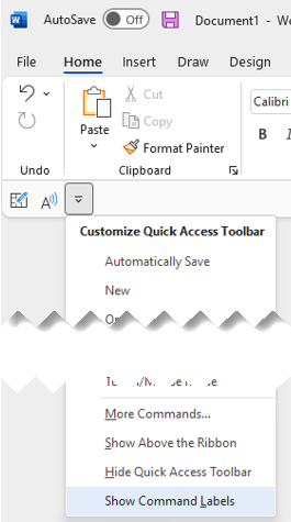 Quick Access Toolbar drop-down menu select Show Command Labels