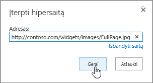 Hipersaito dialogo langas su paryškintu žiniatinklio adresu ir mygtuku gerai