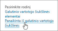 "SharePoint 2013" šiukšlinė su paryškinta parinktimi Naikinti iš vartotojo