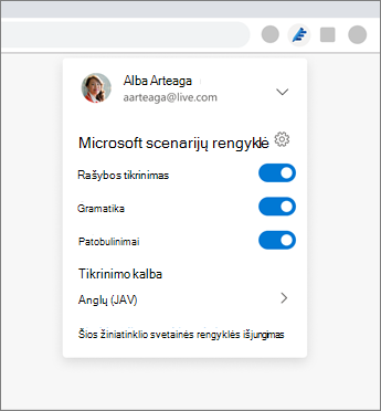 "Microsoft" redaktorius plėtinys, rodantis išplečiamąjį sąrašą iš naršyklės su įjungimo ir išjungimo parinkčių parametrais